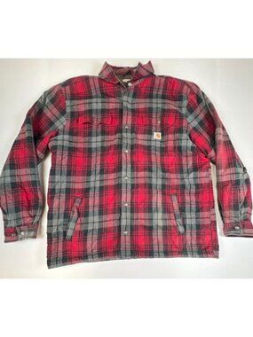 Carhartt Jacket Mens XL Red Black Plaid Sherpa Fleece Lined Flannel Shirt Jacket